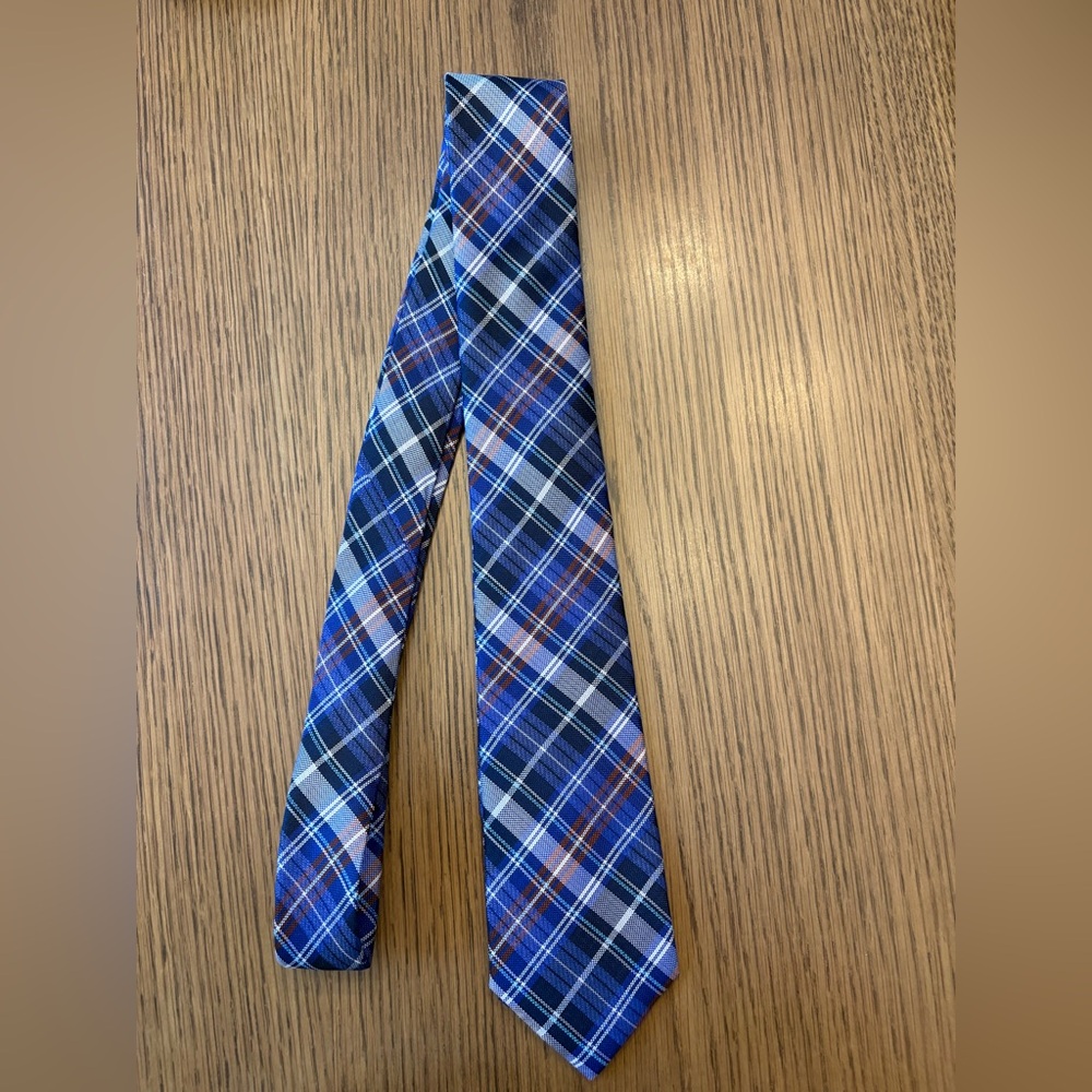 100% Silk Elegant Blue and Orange Plaid Men's Tie